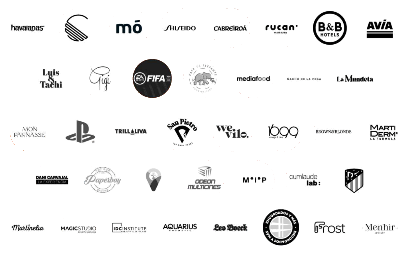 Marcas que confían en Studio A2: Havaianas, Shiseido, PlayStation, B&B Hotels, Atlético de Madrid, 1699, Martiderm, Avia y muchas más