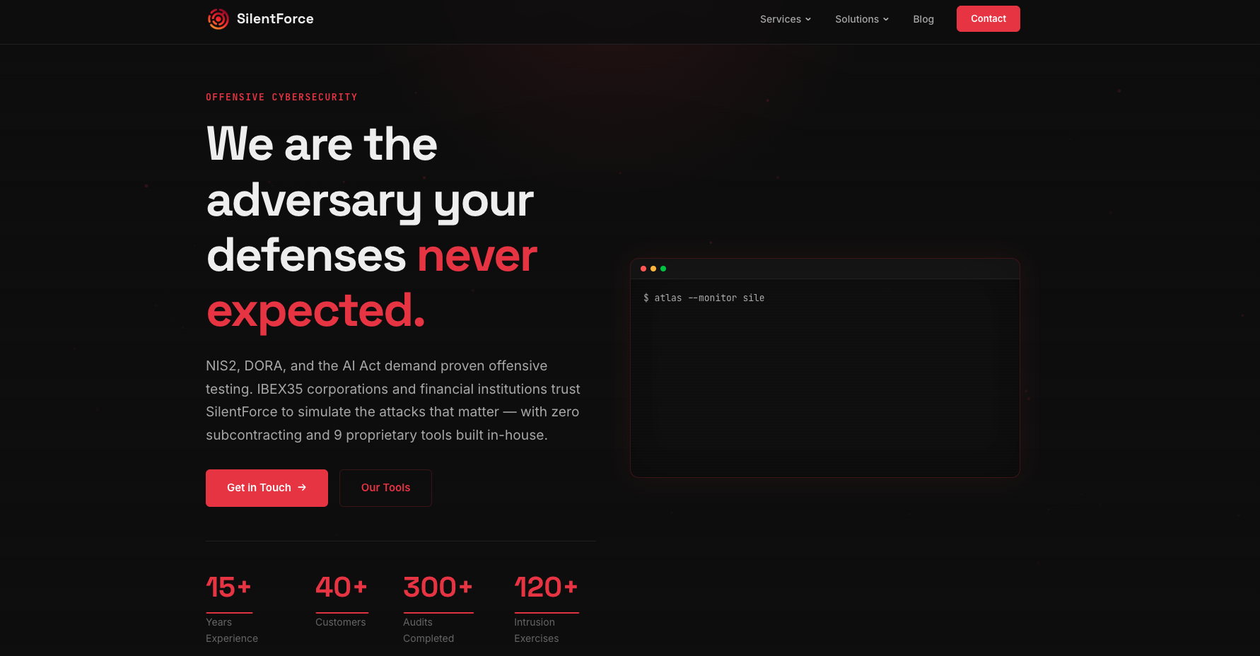 Home de SilentForce — titular, terminal y cifras de actividad
